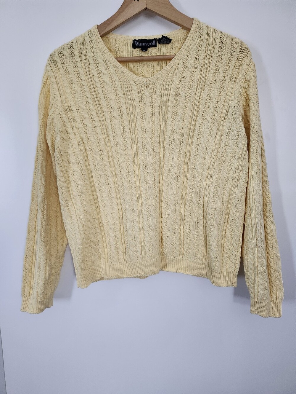 Women's Vintage Butter Yellow Cable Knit V-Neck Pullover Cotton Sweater Medium